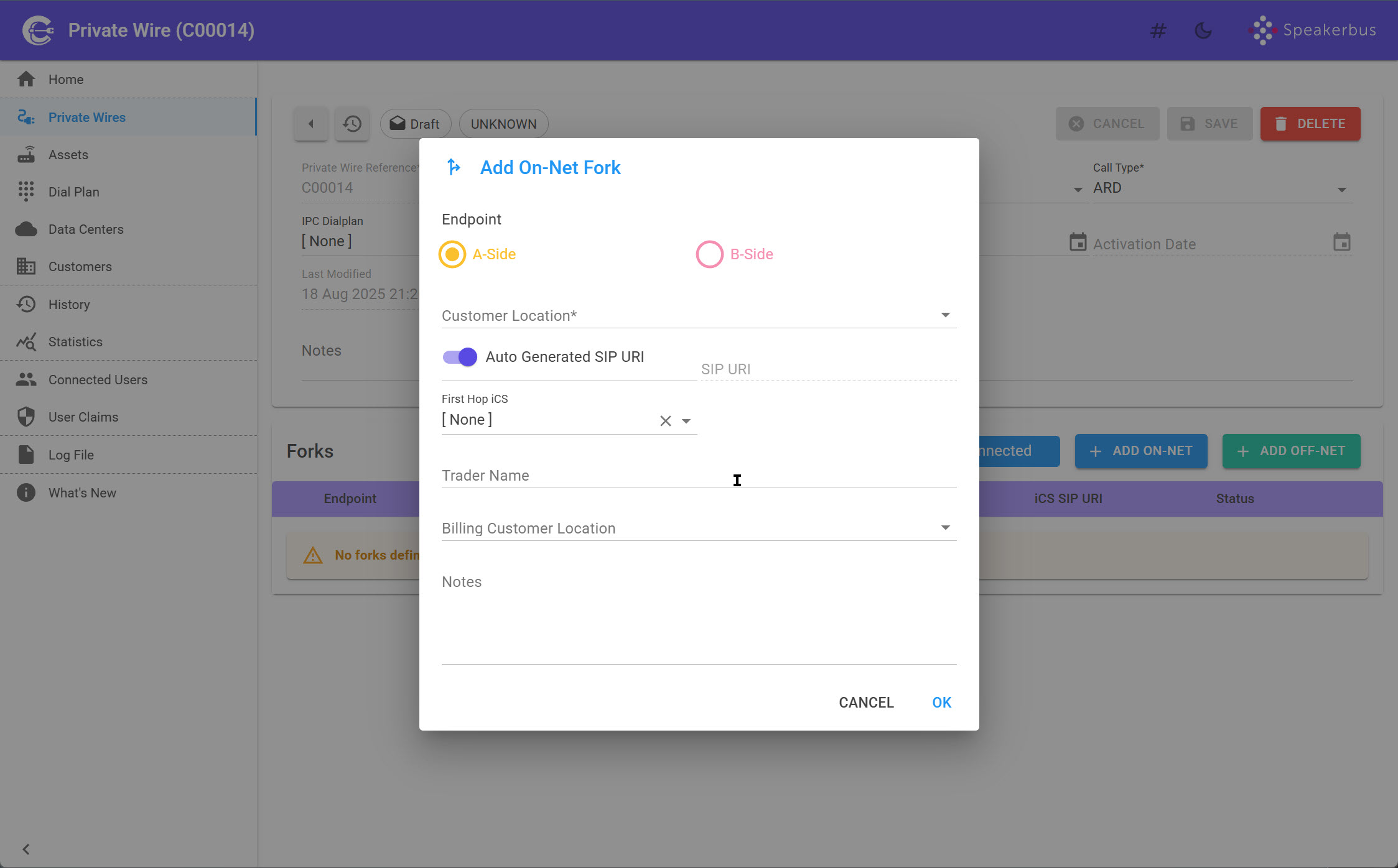 Add On-Net Fork Dialog