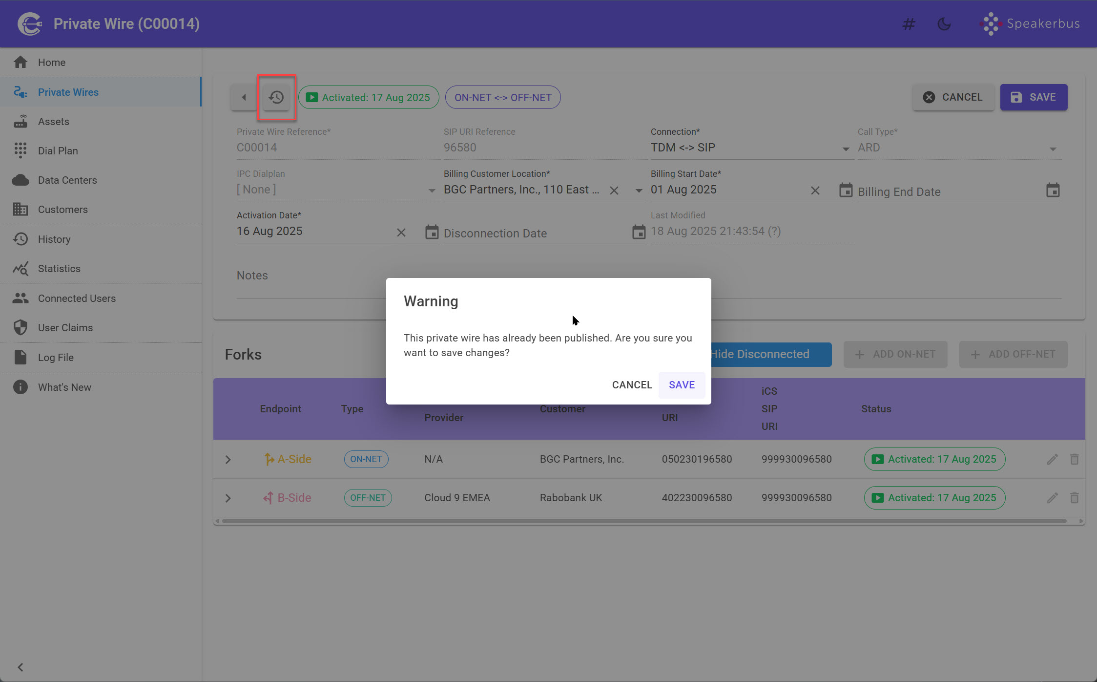 Warning on editing an activated wire